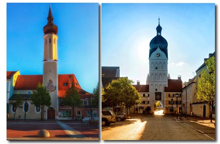 Links sehen Sie das Kircherl am Schrannenplatz. Hier findet auch meine Ausstellung statt. Rechts der "schöne Turm". Wer dahinter sofort links abbiegt kommt zu einem großen Parkplatz.